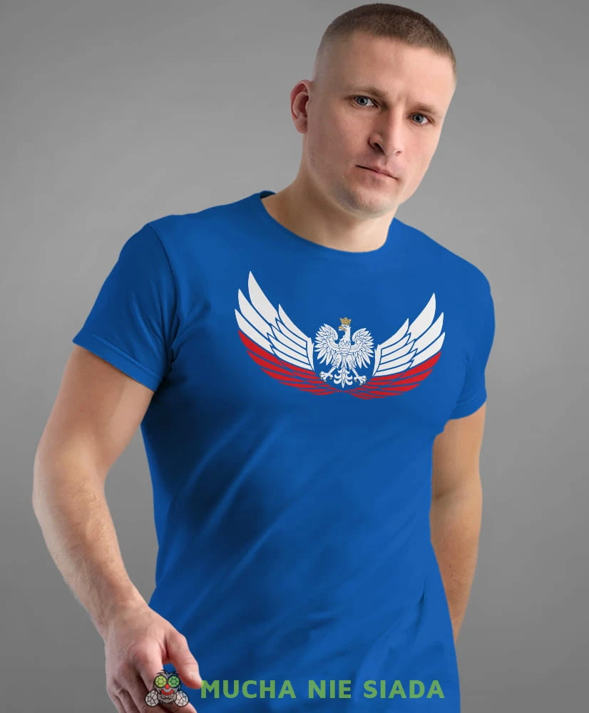 Orzeł Polski biało czerwone skrzydła, niebieska męska koszulka z nadrukiem, koszulka patriotyczna, koszulki z grafiką patriotyczną, dla mężczyzny, dla chłopaka na prezent, koszulka Polska, koszulki Polska.jpg