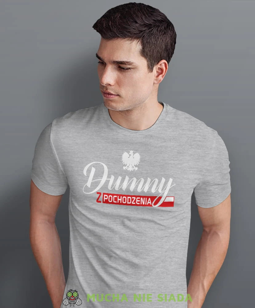 dumny  pochodzenia orzeł flaga Polski, szara męska koszulka z nadrukiem, koszulka patriotyczna, koszulki z grafiką patriotyczną, dla mężczyzny, dla chłopaka na prezent, koszulka Polska, koszulki Polska.jpg