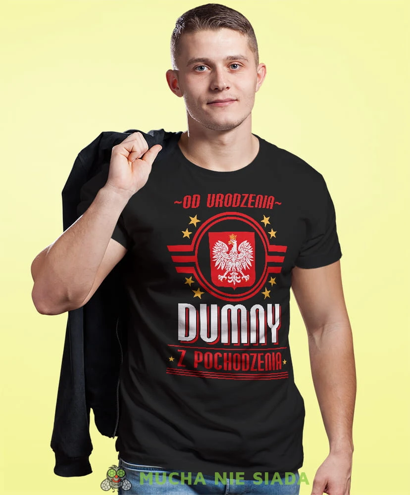 od urodzenia dumny  pochodzenia godł Polski, czarna męska koszulka z nadrukiem, koszulka patriotyczna, koszulki z grafiką patriotyczną, dla mężczyzny, dla chłopaka na prezent, koszulka Polska, koszulki Polska.jpg