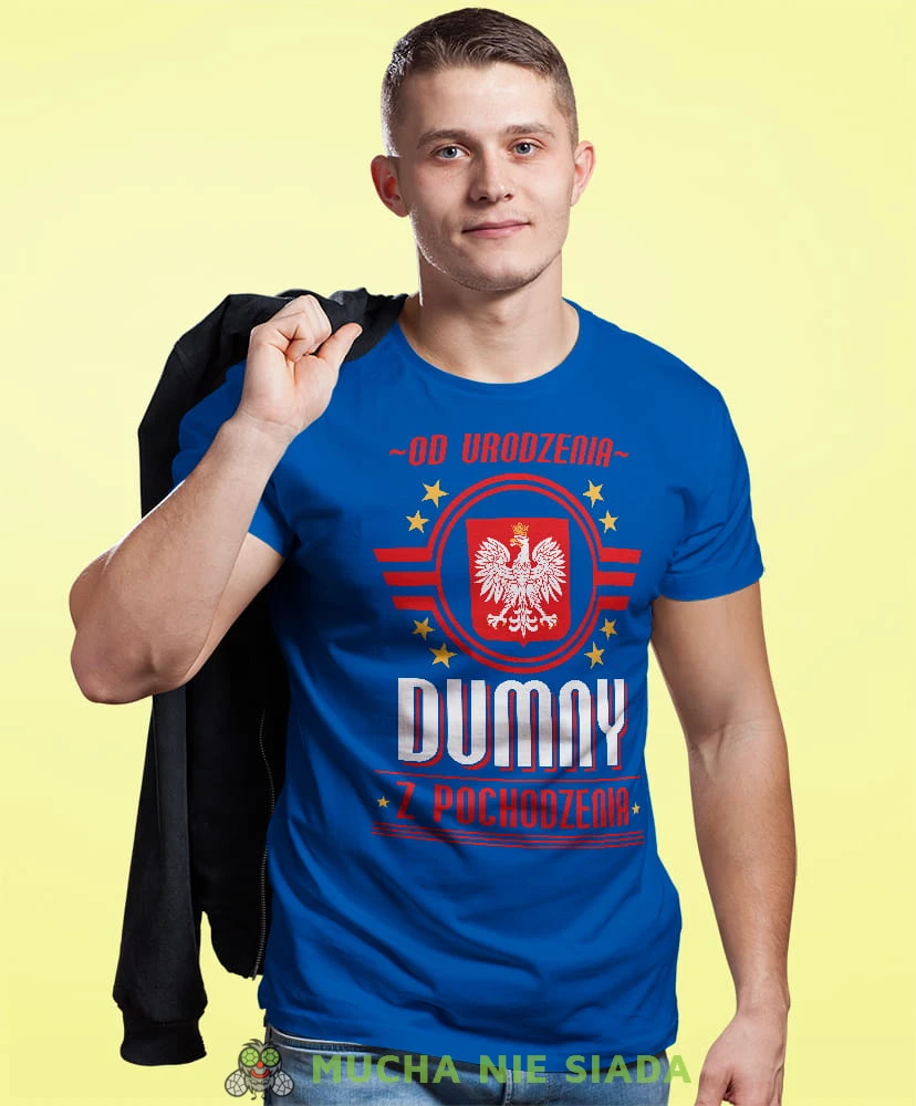 od urodzenia dumny  pochodzenia godł Polski, niebieska męska koszulka z nadrukiem, koszulka patriotyczna, koszulki z grafiką patriotyczną, dla mężczyzny, dla chłopaka na prezent, koszulka Polska, koszulki Polska.jpg
