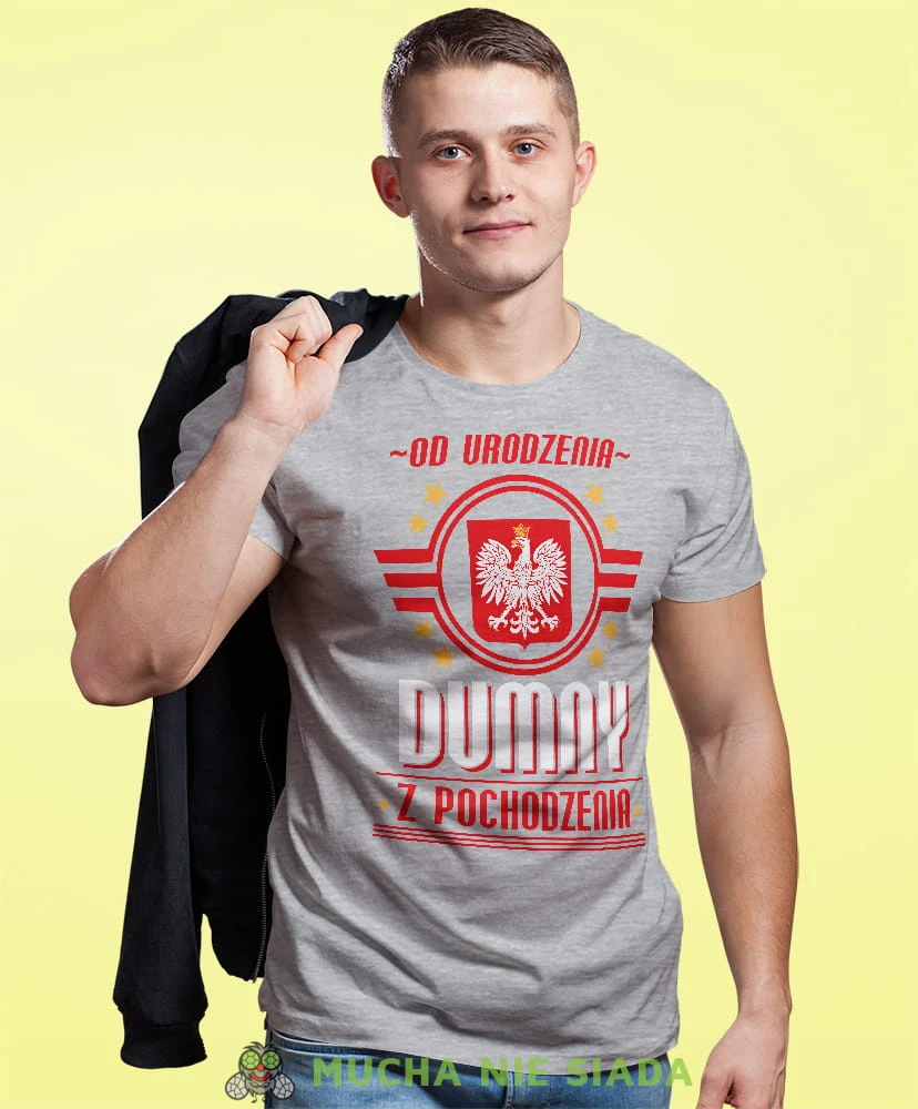 od urodzenia dumny  pochodzenia godł Polski, szara męska koszulka z nadrukiem, koszulka patriotyczna, koszulki z grafiką patriotyczną, dla mężczyzny, dla chłopaka na prezent, koszulka Polska, koszulki Polska.jpg