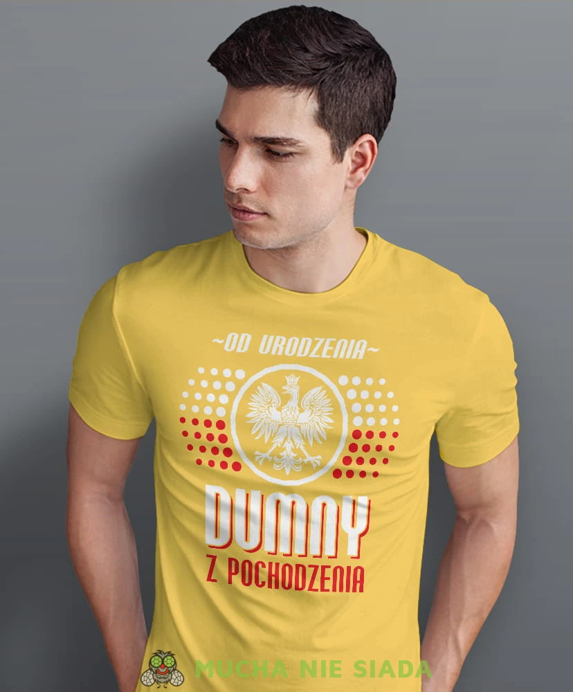 od urodzenia dumny  pochodzenia Orzeł Polski, żółta męska koszulka z nadrukiem, koszulka patriotyczna, koszulki z grafiką patriotyczną, dla mężczyzny, dla chłopaka na prezent, koszulka Polska, koszulki Polska.jpg