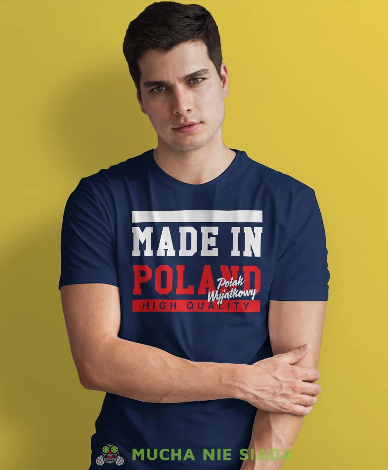 made in poland Polak Wyjątkowy, granatowa męska koszulka z nadrukiem, koszulka patriotyczna, koszulki z grafiką patriotyczną, dla mężczyzny, dla chłopaka na prezent, koszulka Polska, koszulki Polska.jpg