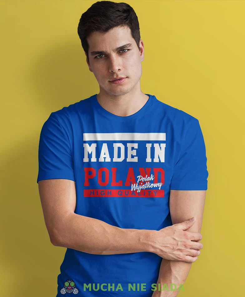 made in poland Polak Wyjątkowy, niebieska męska koszulka z nadrukiem, koszulka patriotyczna, koszulki z grafiką patriotyczną, dla mężczyzny, dla chłopaka na prezent, koszulka Polska, koszulki Polska.jpg