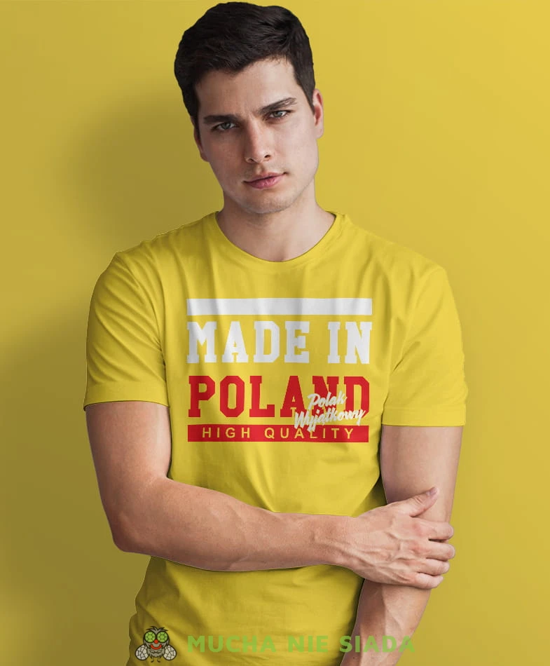 made in poland Polak Wyjątkowy, żółta męska koszulka z nadrukiem, koszulka patriotyczna, koszulki z grafiką patriotyczną, dla mężczyzny, dla chłopaka na prezent, koszulka Polska, koszulki Polska.jpg