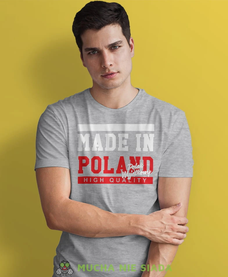 made in poland Polak Wyjątkowy, szara męska koszulka z nadrukiem, koszulka patriotyczna, koszulki z grafiką patriotyczną, dla mężczyzny, dla chłopaka na prezent, koszulka Polska, koszulki Polska.jpg