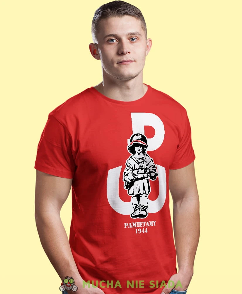 mały powstaniec Polska Walcząca, czerwona męska koszulka z nadrukiem, koszulka patriotyczna, koszulki z grafiką patriotyczną, dla mężczyzny, dla chłopaka na prezent, koszulka Polska, koszulki Polska.jpg