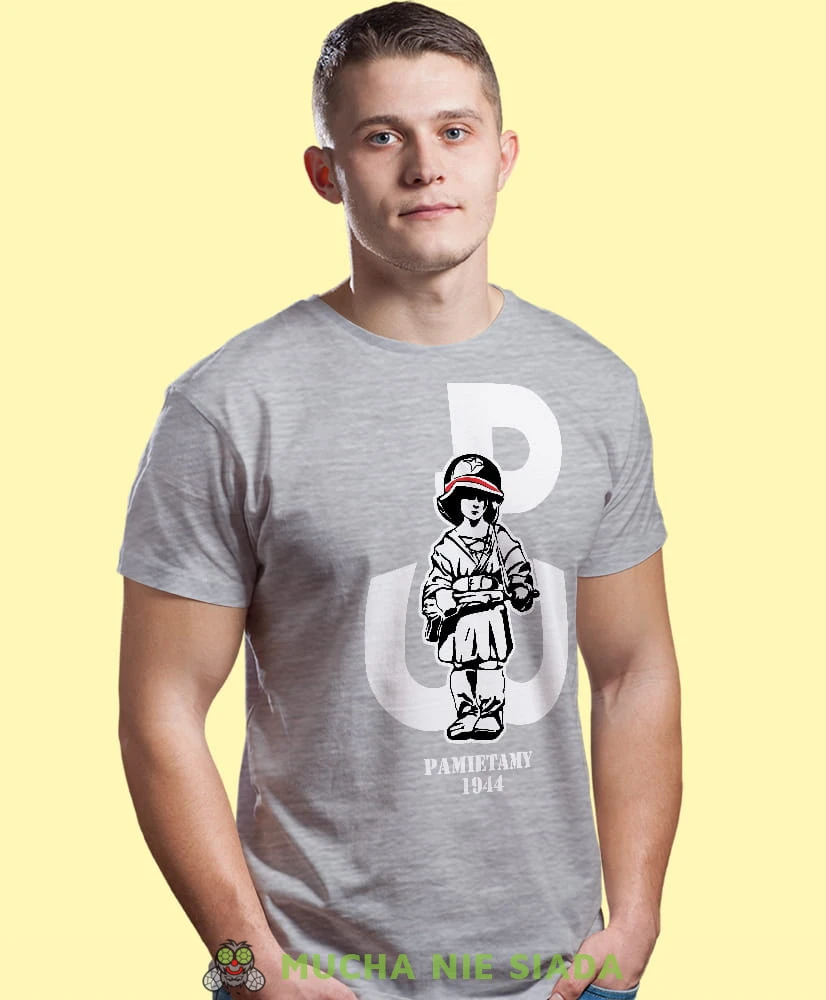 mały powstaniec Polska Walcząca, szara męska koszulka z nadrukiem, koszulka patriotyczna, koszulki z grafiką patriotyczną, dla mężczyzny, dla chłopaka na prezent, koszulka Polska, koszulki Polska.jpg