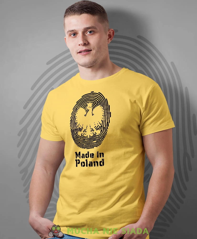 made in Poland, orzeł, odcisk palca, żółta męska koszulka z nadrukiem, koszulka patriotyczna, koszulki z grafiką patriotyczną, dla mężczyzny, dla chłopaka na prezent, koszulka Polska, koszulki Polska.jpg