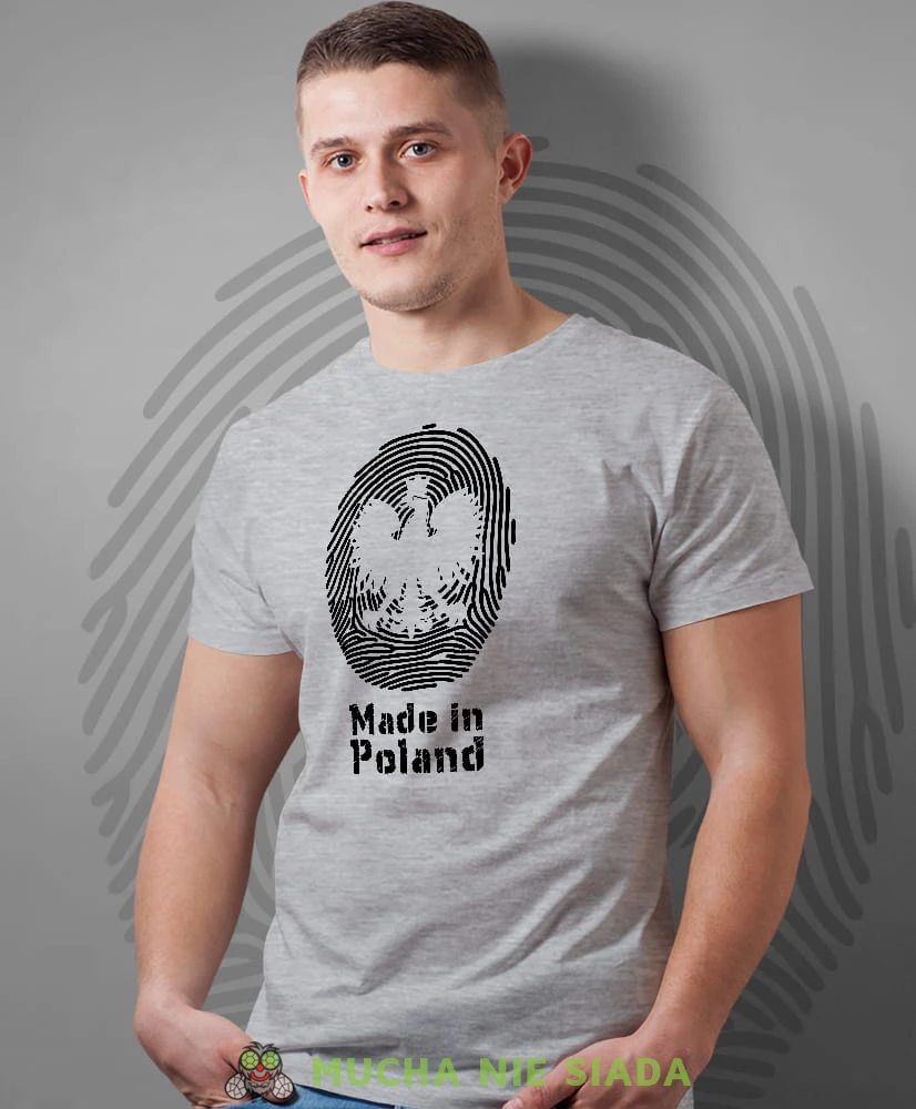 made in Poland, orzeł, odcisk palca, szara męska koszulka z nadrukiem, koszulka patriotyczna, koszulki z grafiką patriotyczną, dla mężczyzny, dla chłopaka na prezent, koszulka Polska, koszulki Polska.jpg