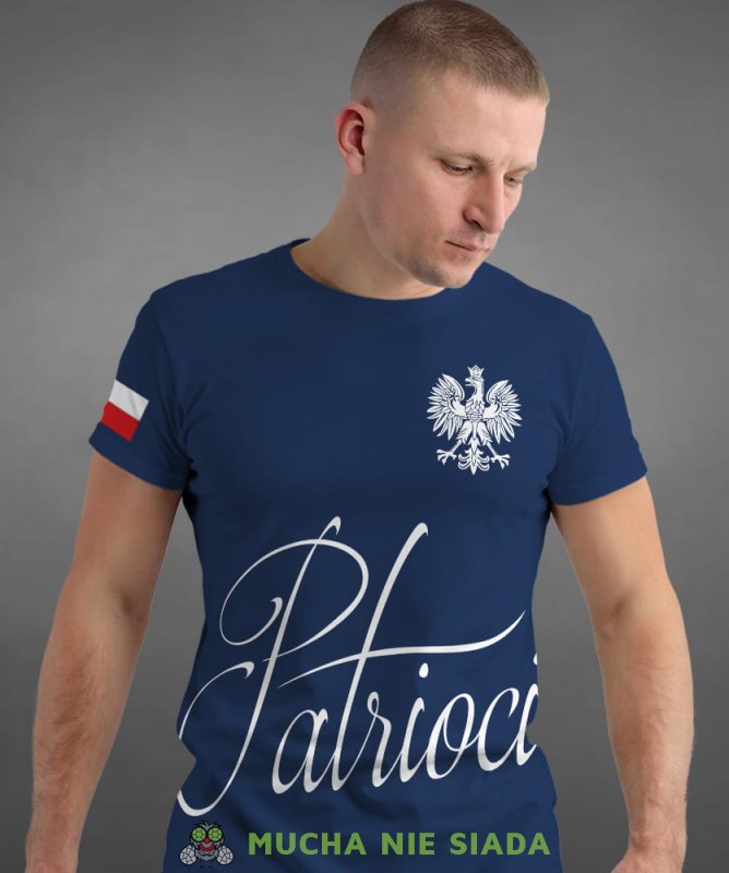 patrioci Orzeł Polski flaga, granatowa męska koszulka z nadrukiem, koszulka patriotyczna, koszulki z grafiką patriotyczną, dla mężczyzny, dla chłopaka na prezent, koszulka Polska, koszulki Polska.jpg