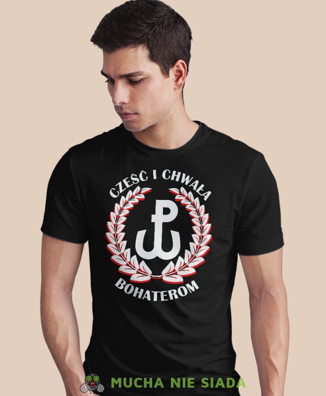 cześć i chwała bohaterom, laur, czarna męska koszulka z nadrukiem, koszulka patriotyczna, koszulki z grafiką patriotyczną, dla mężczyzny, dla chłopaka na prezent, koszulka Polska, koszulki Polska.jpg