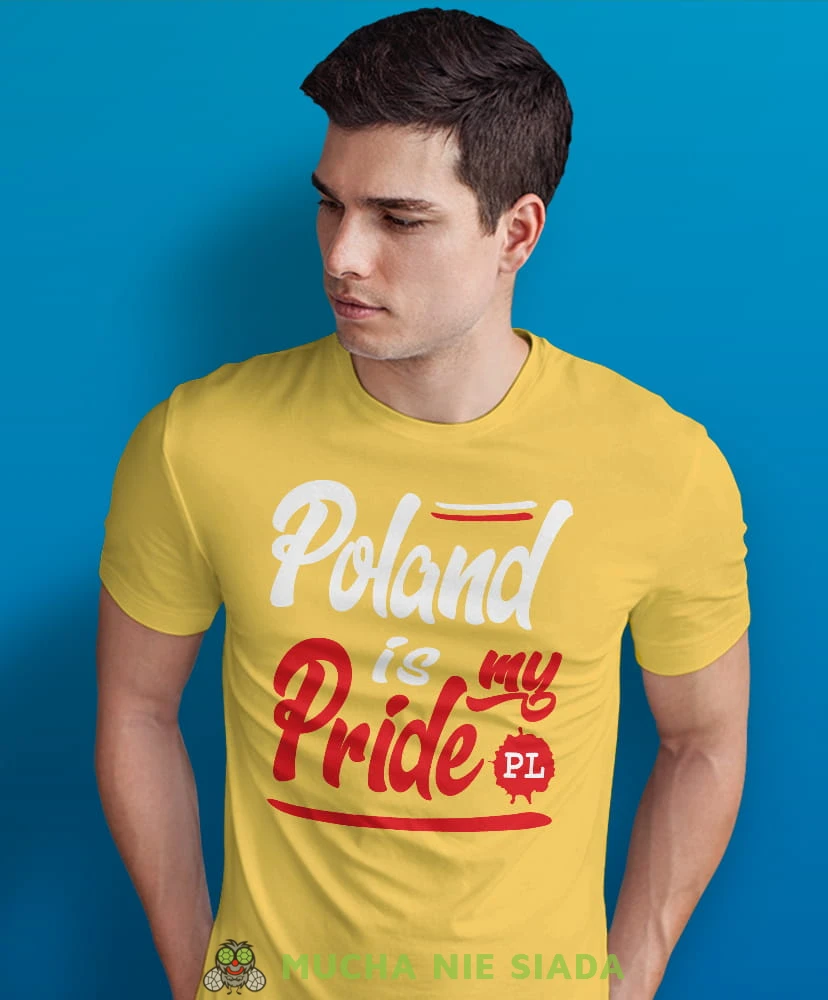 Poland is my pride, PL, żółta męska koszulka z nadrukiem, koszulka patriotyczna, koszulki z grafiką patriotyczną, dla mężczyzny, dla chłopaka na prezent, koszulka Polska, koszulki Polska.jpg