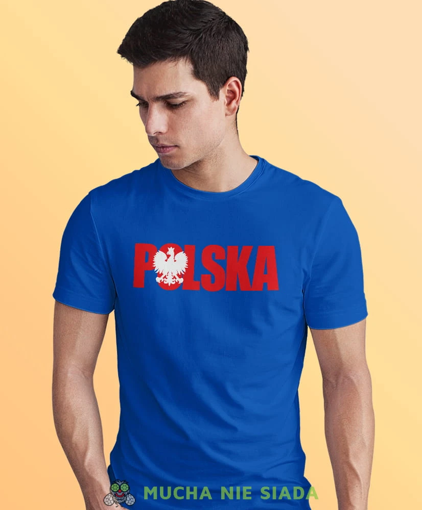 Polska Orzeł Polski, niebieska męska koszulka z nadrukiem, koszulka patriotyczna, koszulki z grafiką patriotyczną, dla mężczyzny, dla chłopaka na prezent, koszulka Polska, koszulki Polska.jpg
