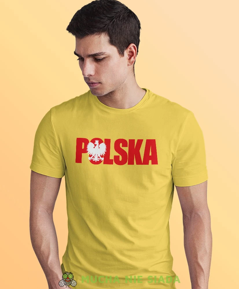 Polska Orzeł Polski, żółta męska koszulka z nadrukiem, koszulka patriotyczna, koszulki z grafiką patriotyczną, dla mężczyzny, dla chłopaka na prezent, koszulka Polska, koszulki Polska.jpg
