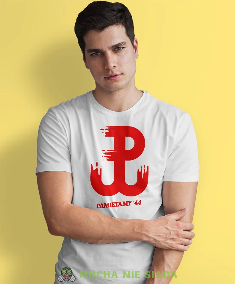 Pamiętamy 44, Polska Walcząca, biała męska koszulka z nadrukiem, koszulka patriotyczna, koszulki z grafiką patriotyczną, dla mężczyzny, dla chłopaka na prezent, koszulka Polska, koszulki Polska.jpg