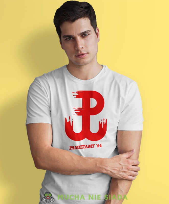 Pamiętamy 44, Polska Walcząca, biała męska koszulka z nadrukiem, koszulka patriotyczna, koszulki z grafiką patriotyczną, dla mężczyzny, dla chłopaka na prezent, koszulka Polska, koszulki Polska.jpg