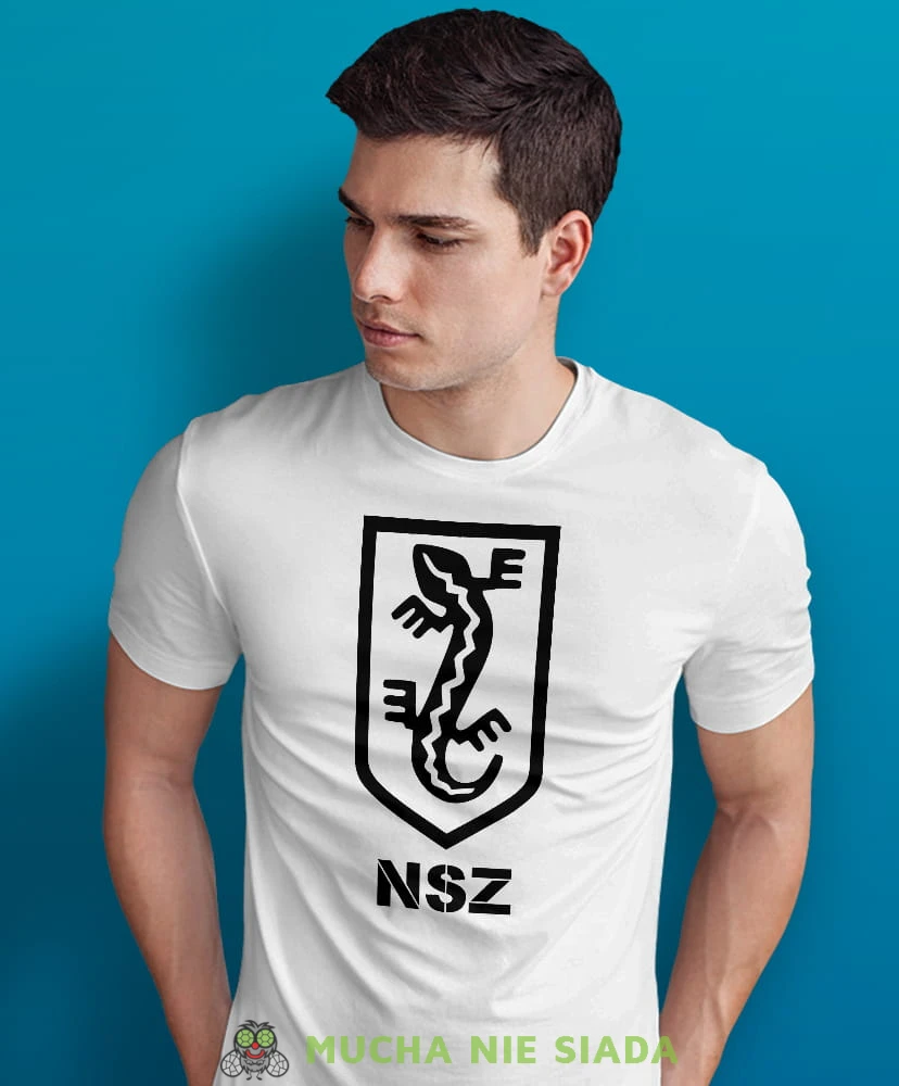 NSZ, Narodowe Siły Zbrojne, biała męska koszulka z nadrukiem, koszulka patriotyczna, koszulki z grafiką patriotyczną, dla mężczyzny, dla chłopaka na prezent, koszulka Polska, koszulki Polska.jpg