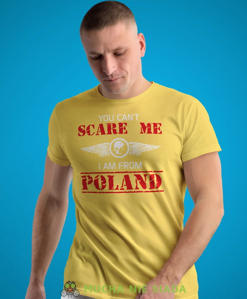 you can't scare me i am from poland, żółta męska koszulka z nadrukiem, koszulka patriotyczna, koszulki z grafiką patriotyczną, dla mężczyzny, dla chłopaka na prezent, koszulka Polska, koszulki Polska.jpg