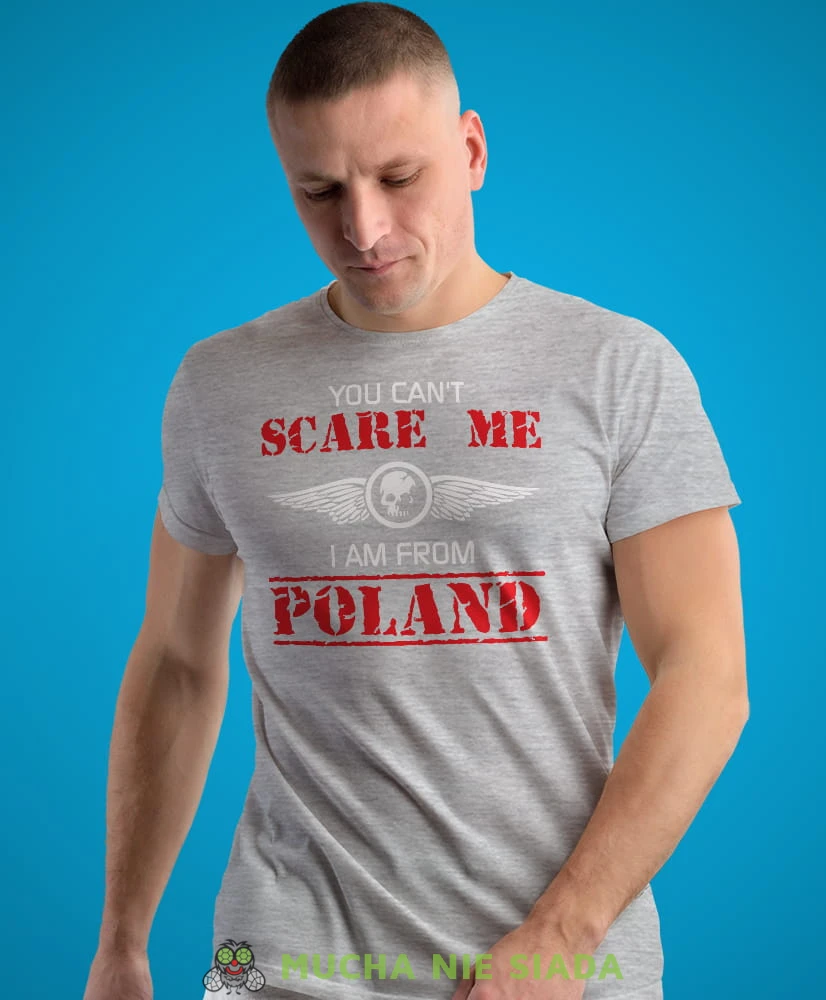 you can't scare me i am from poland, szara męska koszulka z nadrukiem, koszulka patriotyczna, koszulki z grafiką patriotyczną, dla mężczyzny, dla chłopaka na prezent, koszulka Polska, koszulki Polska.jpg