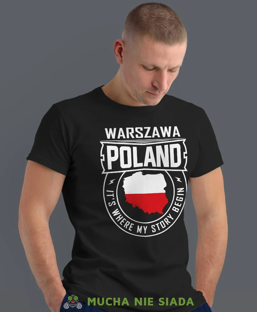 Poland it's where my story begin, czarna męska koszulka z nadrukiem, koszulka patriotyczna, koszulki z grafiką patriotyczną, dla mężczyzny, dla chłopaka na prezent, koszulka Polska, koszulki Polska.jpg