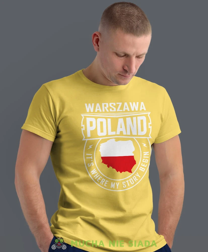 Poland it's where my story begin, żółta męska koszulka z nadrukiem, koszulka patriotyczna, koszulki z grafiką patriotyczną, dla mężczyzny, dla chłopaka na prezent, koszulka Polska, koszulki Polska.jpg