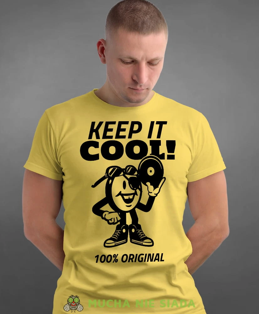 keep it cool, żółta męska koszulka z nadrukiem na co dzień, na prezent, fajna koszulka.jpg