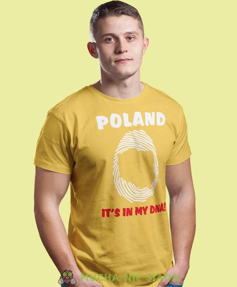 biało czerwony odcisk palca Poland it's in my dna, żółta męska koszulka z nadrukiem, koszulka patriotyczna, koszulki z grafiką patriotyczną, dla mężczyzny, dla chłopaka na prezent, koszulka Polska, koszulki Polska.jpg