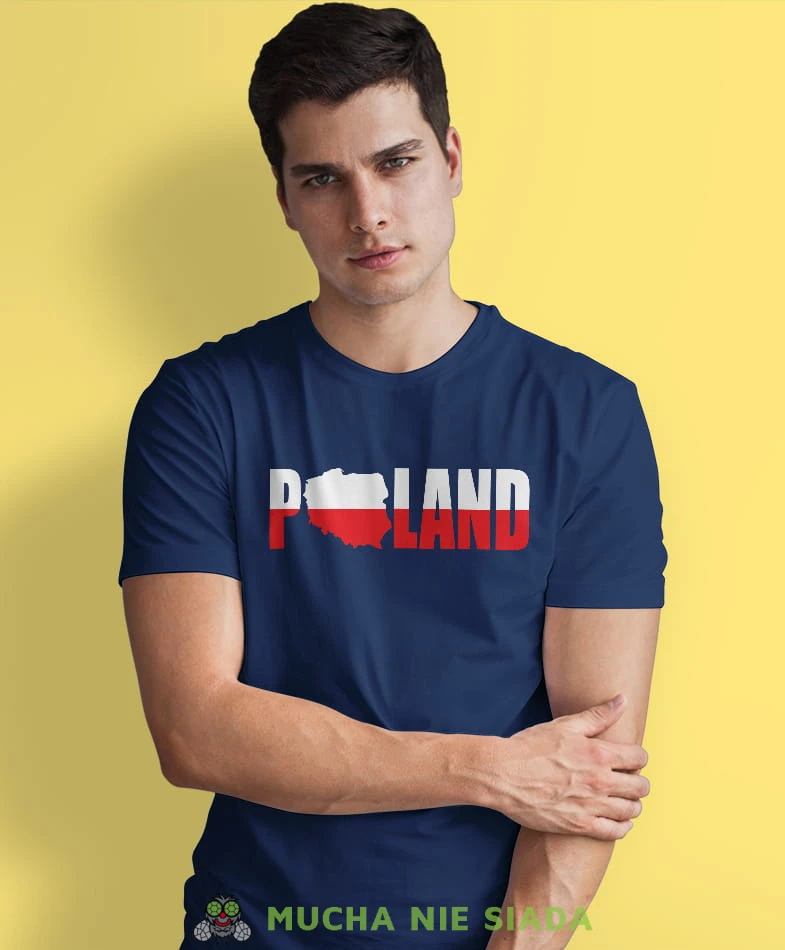 Poland, granatowa męska koszulka z nadrukiem, koszulka patriotyczna, koszulki z grafiką patriotyczną, dla mężczyzny, dla chłopaka na prezent, koszulka Polska, koszulki Polska.jpg