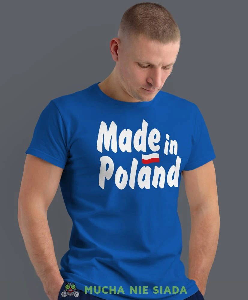 Made in Poland flaga, niebieska męska koszulka z nadrukiem, koszulka patriotyczna, koszulki z grafiką patriotyczną, dla mężczyzny, dla chłopaka na prezent, koszulka Polska, koszulki Polska.jpg