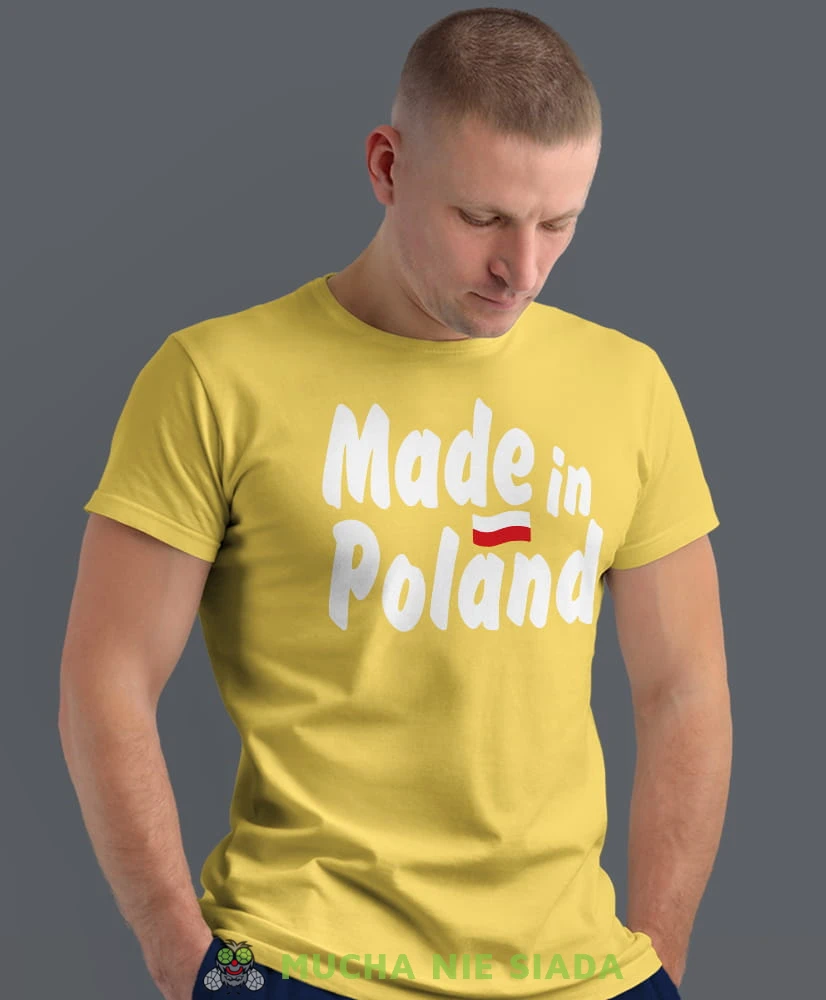 Made in Poland flaga, żółta męska koszulka z nadrukiem, koszulka patriotyczna, koszulki z grafiką patriotyczną, dla mężczyzny, dla chłopaka na prezent, koszulka Polska, koszulki Polska.jpg