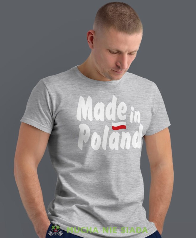 Made in Poland flaga, szara męska koszulka z nadrukiem, koszulka patriotyczna, koszulki z grafiką patriotyczną, dla mężczyzny, dla chłopaka na prezent, koszulka Polska, koszulki Polska.jpg