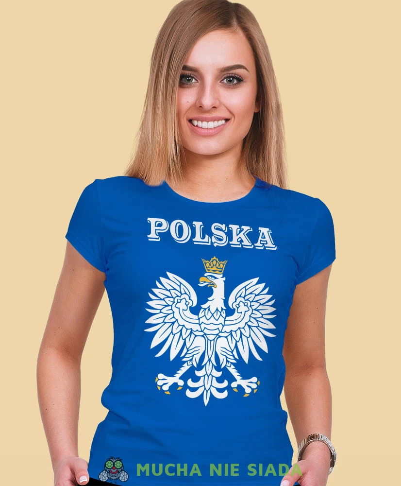 Polska Orzeł Polski niebieska damska koszulka patriotyczna, patriotka, koszulka dla niej, dla dziewczyny, koszulka na prezent.jpg