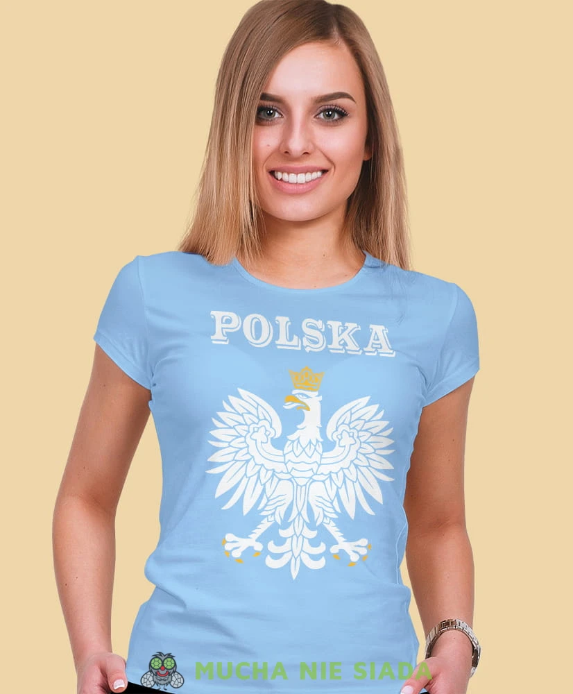 Polska Orzeł Polski jasnoniebieska damska koszulka patriotyczna, patriotka, koszulka dla niej, dla dziewczyny, koszulka na prezent.jpg