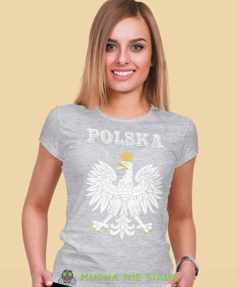 Polska Orzeł Polski szara damska koszulka patriotyczna, patriotka, koszulka dla niej, dla dziewczyny, koszulka na prezent.jpg