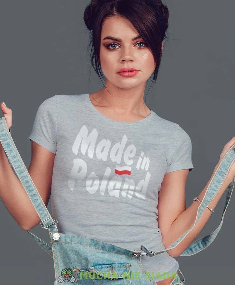 made in poland flaga biało czerwona szara damska koszulka patriotyczna, patriotka, koszulka dla niej, dla dziewczyny, koszulka na prezent.jpg