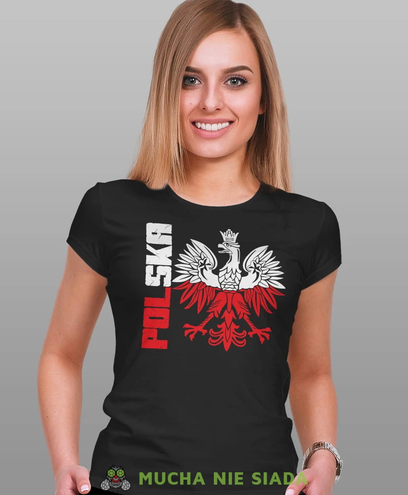 Polska Orzeł Polski biało czerwony czarna damska koszulka patriotyczna, patriotka, koszulka dla niej, dla dziewczyny, koszulka na prezent.jpg