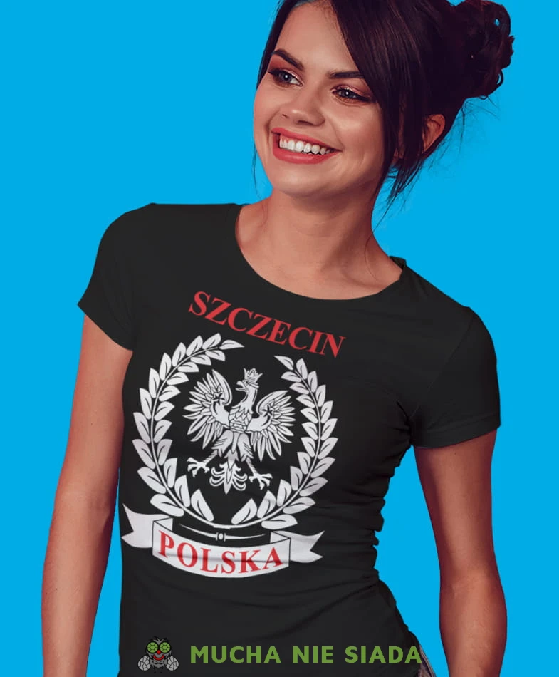 miasto Polska Orzeł Polski laur czarna damska koszulka patriotyczna, patriotka, koszulka dla niej, dla dziewczyny, koszulka na prezent.jpg