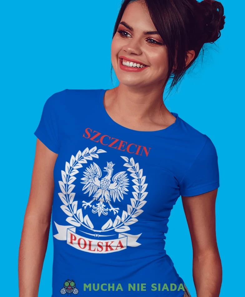 miasto Polska Orzeł Polski laur niebieska damska koszulka patriotyczna, patriotka, koszulka dla niej, dla dziewczyny, koszulka na prezent.jpg
