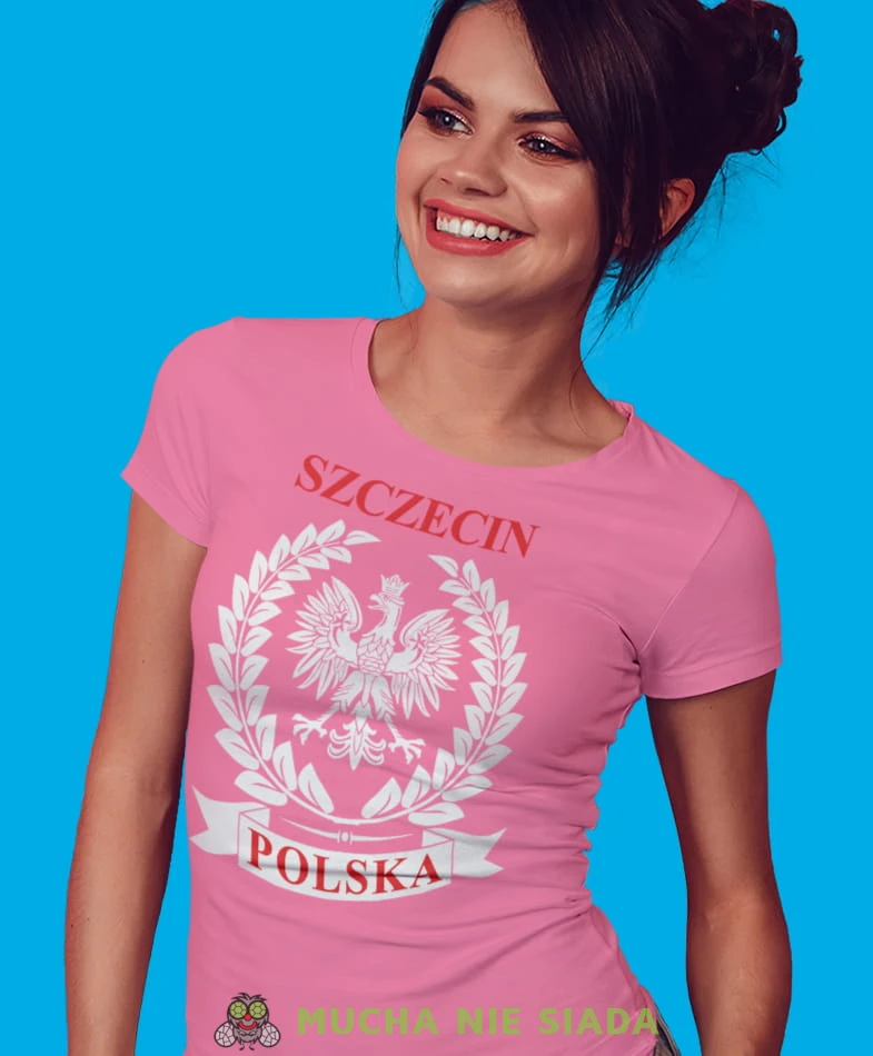 miasto Polska Orzeł Polski laur różowa damska koszulka patriotyczna, patriotka, koszulka dla niej, dla dziewczyny, koszulka na prezent.jpg