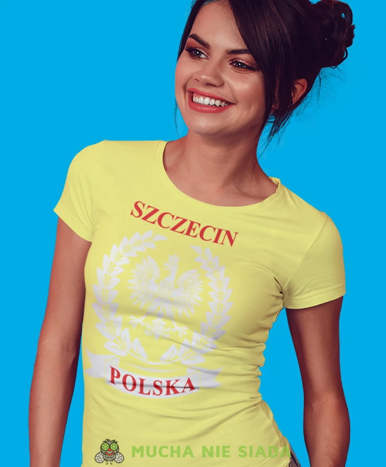 miasto Polska Orzeł Polski laur żółta damska koszulka patriotyczna, patriotka, koszulka dla niej, dla dziewczyny, koszulka na prezent.jpg