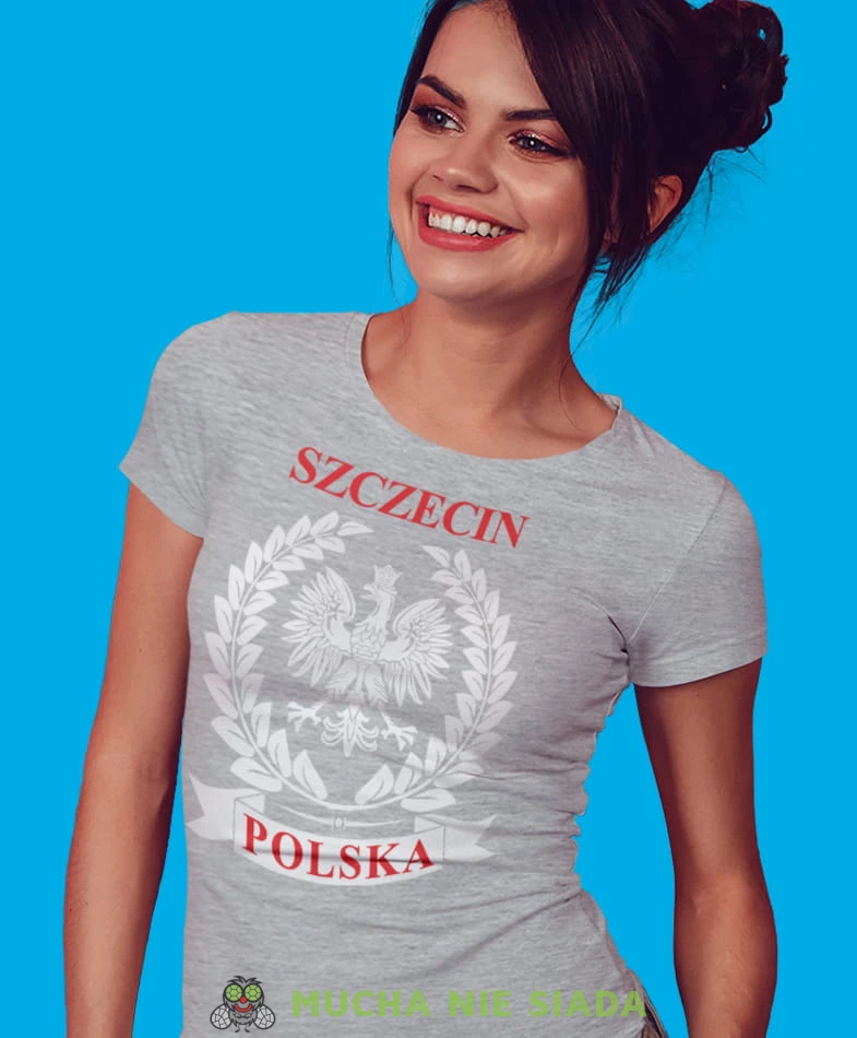 miasto Polska Orzeł Polski laur szara damska koszulka patriotyczna, patriotka, koszulka dla niej, dla dziewczyny, koszulka na prezent.jpg