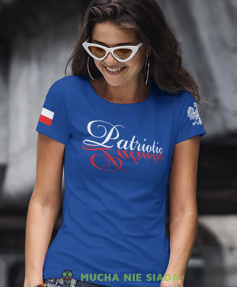 patriotic Orzeł Polski flaga niebieska damska koszulka patriotyczna, patriotka, koszulka dla niej, dla dziewczyny, koszulka na prezent.jpg