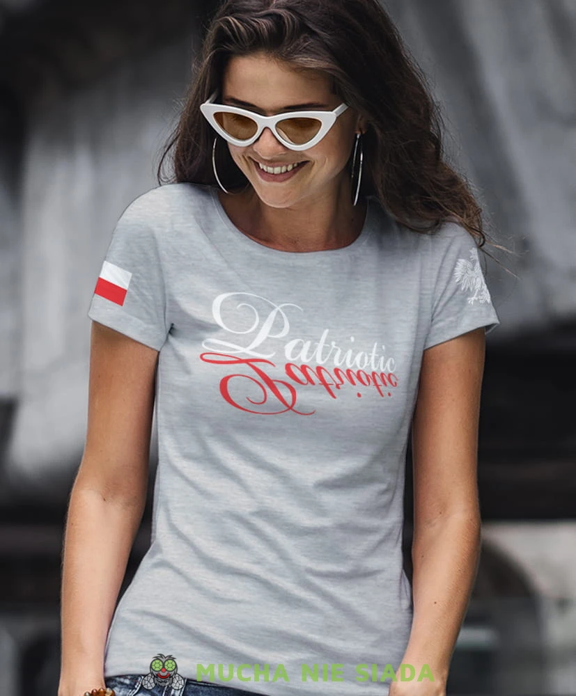 patriotic Orzeł Polski flaga szara damska koszulka patriotyczna, patriotka, koszulka dla niej, dla dziewczyny, koszulka na prezent.jpg