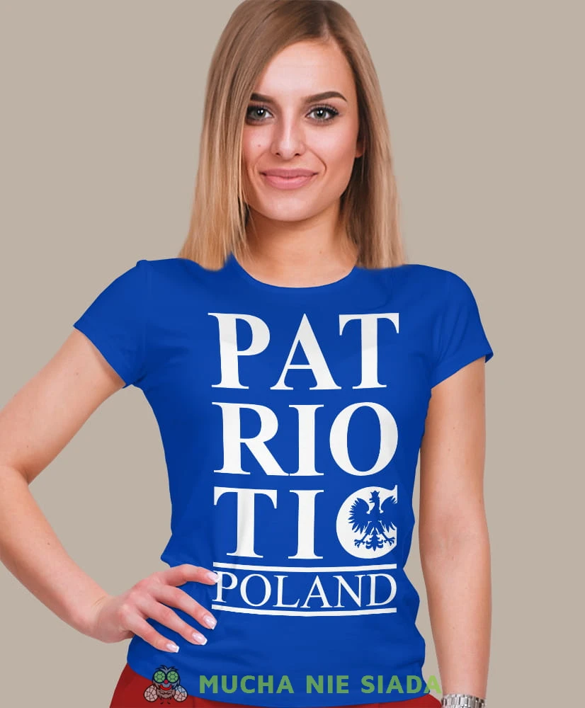 patriotic Orzeł Polski Poland niebieska damska koszulka patriotyczna, patriotka, koszulka dla niej, dla dziewczyny, koszulka na prezent.jpg