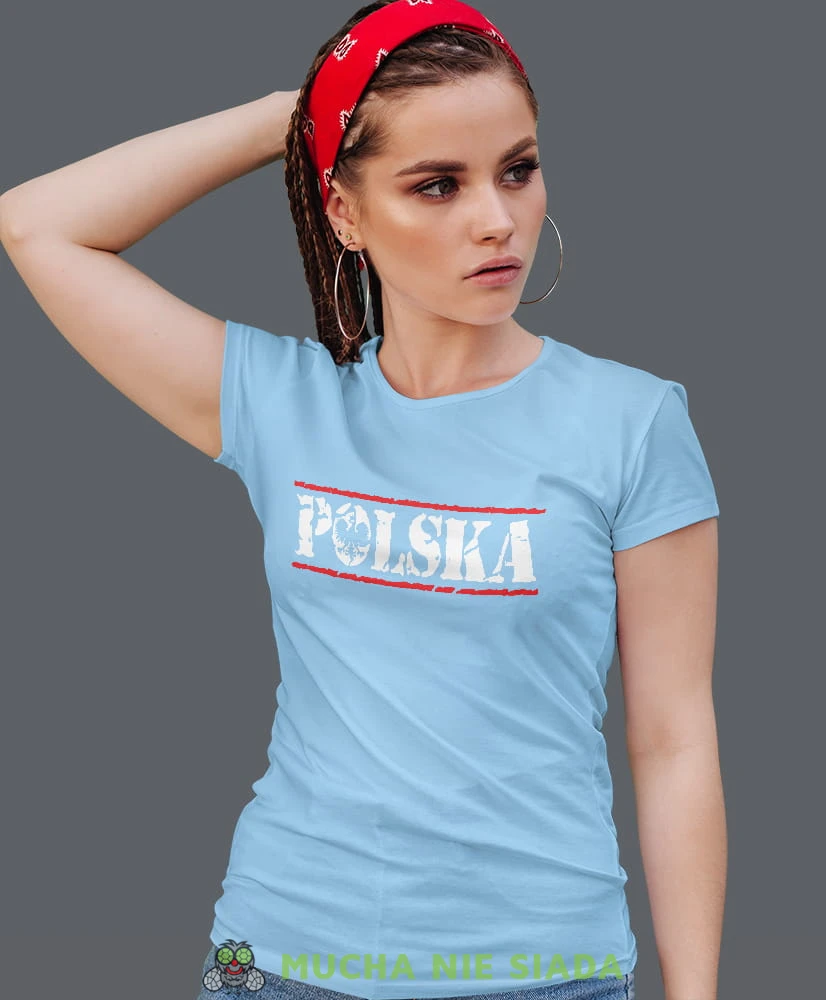 Polska orzeł jasnoniebieska damska koszulka patriotyczna, patriotka, koszulka dla niej, dla dziewczyny, koszulka na prezent.jpg