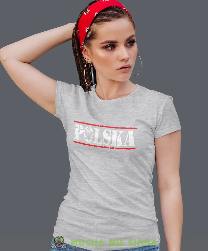 Polska orzeł szara damska koszulka patriotyczna, patriotka, koszulka dla niej, dla dziewczyny, koszulka na prezent.jpg