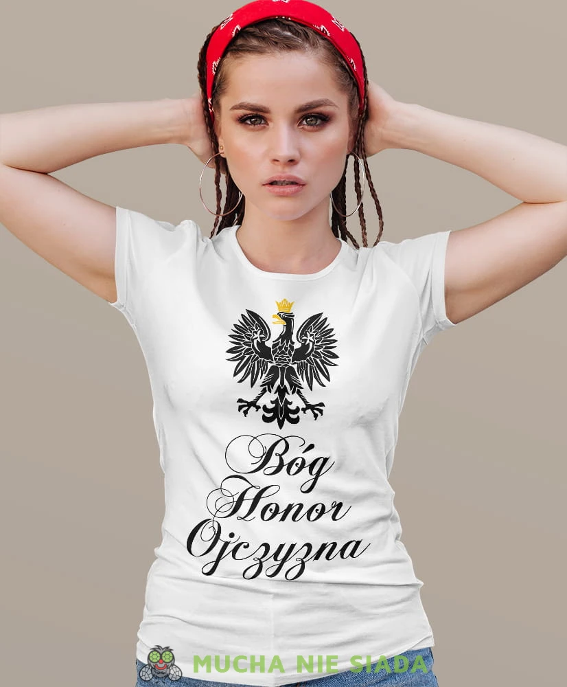 Bóg Honor Ojczyzna Orzeł Polski biała damska koszulka patriotyczna, patriotka, koszulka dla niej, dla dziewczyny, koszulka na prezent.jpg