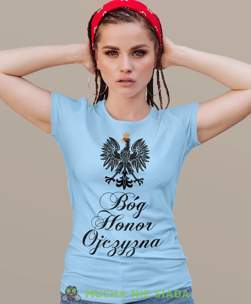 Bóg Honor Ojczyzna Orzeł Polski jasnoniebieska damska koszulka patriotyczna, patriotka, koszulka dla niej, dla dziewczyny, koszulka na prezent.jpg
