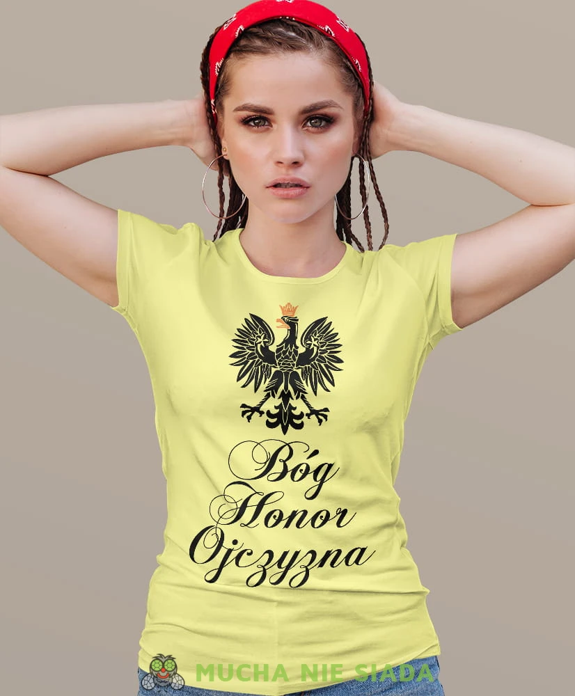 Bóg Honor Ojczyzna Orzeł Polski żółta damska koszulka patriotyczna, patriotka, koszulka dla niej, dla dziewczyny, koszulka na prezent.jpg